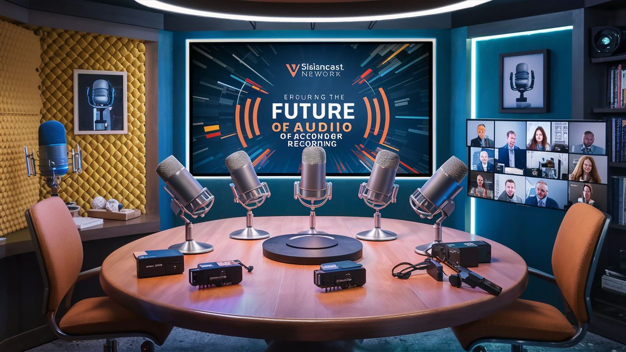 This image depicts a high-tech podcast studio with a round wooden table centered with four microphones, suggesting a multi-speaker discussion format. Above the table is a large screen with the words "Exploring the Future of Audio Recording" on display, surrounded by a dynamic graphic design that gives a sense of digital connectivity. The background is richly colored with deep blues and a warm yellow, with the yellow segment featuring geometric acoustic panels for sound quality. On the surrounding walls, framed images of various microphone designs accentuate the studio's audio theme. Additionally, the studio includes two digital devices on the table, presumably for audio recording and mixing. The wall-mounted screen is split into multiple frames, each showing individuals who seem to be remotely participating in the discussion, suggesting a blend of in-studio and virtual connectivity for collaborations or interviews. The room’s lighting is strategically placed, highlighting the equipment and the participants, creating an ambiance that is both professional and inviting.