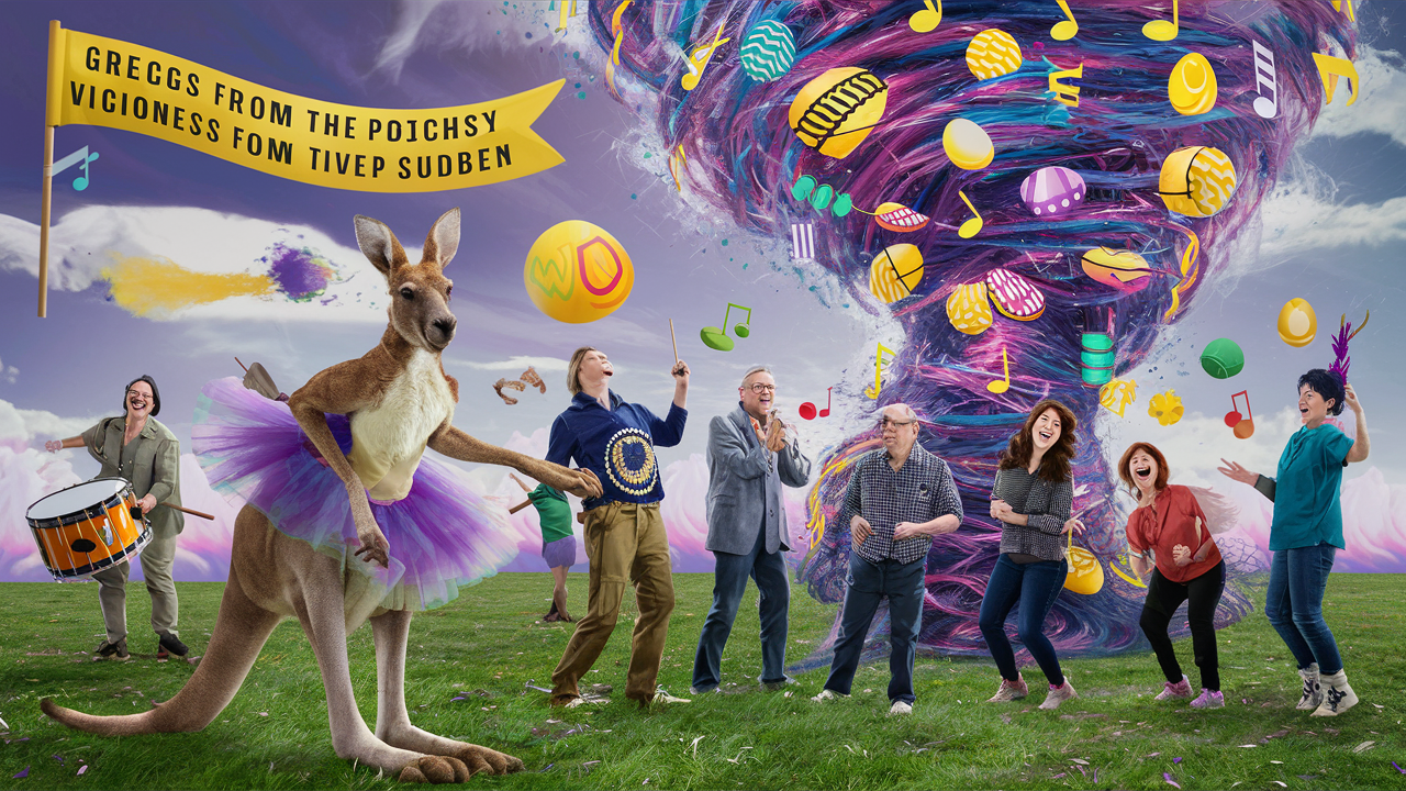 This vibrant and whimsical image seems to capture a joyful celebration of music and absurdity. At the center stands a kangaroo sporting a lilac and purple tutu, striking a human-like pose, which adds a comical touch. Surrounding the kangaroo are seven people, each engaging with the scene in their unique way. On the left, a woman plays a drum with gusto, wearing a green outfit and laughing heartily. Next to her, a man in a blue shirt holds a didgeridoo. The central figures include a man conducting with a baton, flanked by a man in glasses playing a trumpet, and another person, partly obscured, appears to be clapping. On the right side of the image, three women seem caught in a moment of dance and song, radiating happiness. Above them, a banner with nonsensical lettering adds to the surreal feel, while Easter eggs and musical notes float around, caught in a swirling, colorful vortex that dominates the background, suggesting a fantastical musical windstorm. The sky above is a collage of blue and yellow, dotted with clouds, creating an atmosphere of unrestrained imagination and festivity.