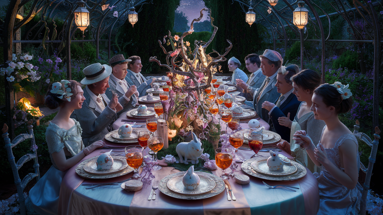 Under a dusky sky, this image brings to life a magical evening garden party, reminiscent of a scene from a bygone era. Guests clad in elegant period attire are seated around an ornate table draped in blush-hued linen, their faces illuminated by the warm light of lanterns ensconced in an iron trellis adorned with climbing flowers. The table, set with gilded china and sparkling crystal stemware filled with amber liquid, centers around an extravagant, nature-inspired centerpiece with twisted branches, blooms, and whimsical porcelain rabbits, creating a scene straight out of a fairy tale. Each guest, with their vintage hats and embellished dresses, seems captivated by the moment, engaging in animated conversation that fills the air with an aura of joviality and celebration. The image, rich in detail and texture, evokes the intimate luxury of a time where such opulent dinner parties were a canvas for social intrigue and storytelling.