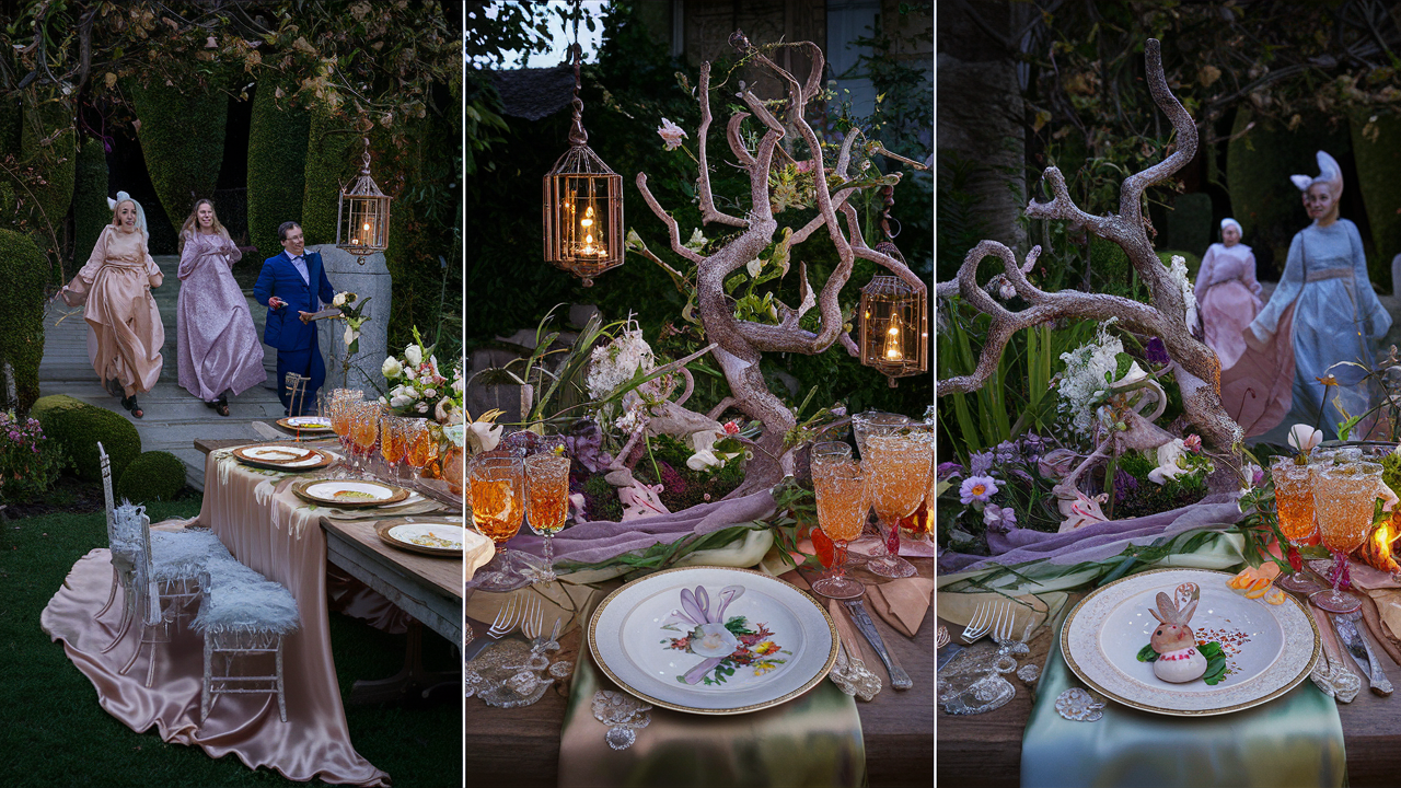 This enchanting triptych captures the ethereal ambiance of a garden party at twilight. On the left, three figures in period costumes—two ladies in flowing silk gowns and a gentleman in a navy blue suit—descend stone steps, exuding joy and anticipation. The central image invites the viewer into an intimate dinner setting under the canopy of a twilight sky, with a rustic wooden table adorned with fine china and crystal, the warmth of the scene accentuated by the golden glow of ornate lanterns suspended from a whimsically twisted, moss-covered tree. A centerpiece composed of lush greenery, delicate florals, and interwoven branches lends an air of enchantment. The final image on the right features a lone figure in a powder blue gown moving away, further into the magical garden, with the table setting now displaying a charming plate decorated with a bunny, hinting at a storybook theme. The entire scene is bathed in the soft, fading light of dusk, creating a sense of timeless beauty and a narrative steeped in nostalgia and fairy tale romance.