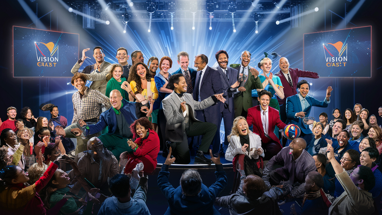 This lively image is bursting with joy, capturing a group of people on a television show set. They are all smiles and laughter, some clapping and others cheering, creating an atmosphere of excitement. The central figures are a diverse mix of individuals, all dressed in vibrant and stylish attire, ranging from suits to casual wear, with one person holding a basketball and another with a pair of cymbals, hinting at a talent or variety show theme. The scene is illuminated by radiant stage lights and flanked by two large monitors with the logo "VISION CAST," suggesting this is the name of the program. The audience is an integral part of the scene, enthusiastically interacting with the performers. They are seated in tiered rows, contributing to the palpable energy of this festive gathering. The overall mood is one of celebration and communal fun, as if everyone is part of one big, happy family.