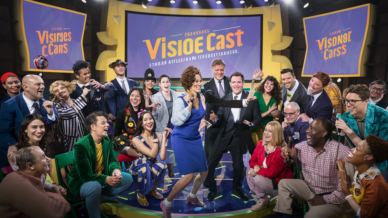 This image captures a lively group of individuals on a television set, radiating a cheerful and celebratory vibe. Center stage, a woman in a blue dress with her hair in curls joyfully sings into a microphone, while a man in a black suit dances beside her with a wide smile, his hand extended mid-clap. They are surrounded by a diverse ensemble of people in various colorful and playful outfits, smiling broadly, laughing, and engaging with one another; their attire ranges from a green velvet blazer to a dress adorned with bright, sunflower-like embellishments. The backdrop features large monitors with the text "VisionCast" displayed prominently, alongside abstract graphics in shades of purple and yellow. The overall ambiance is one of excitement and camaraderie, with audience members seated around the group, participating in the merriment.